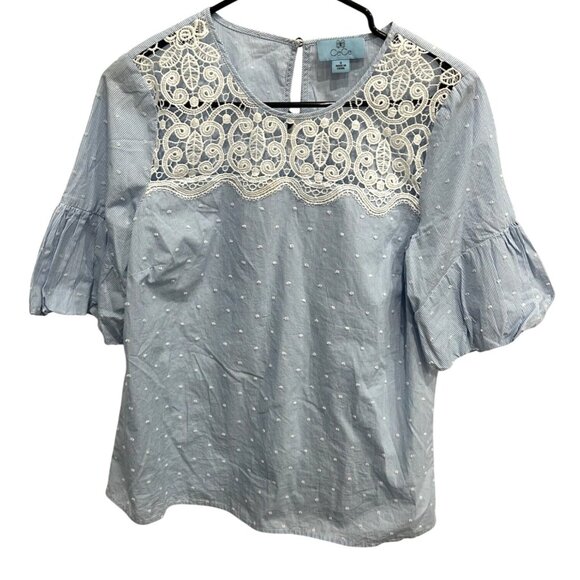 CeCe Blue Swiss Dot Blouse Lace Yoke Puff Sleeves Sz S Coastal Cowgirl Feminine - Picture 1 of 11